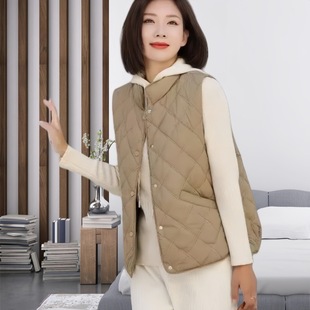 Down Cotton Vest Autumn and Winter New Women's Fashion Cotton Vest Rhombic Embroidered Cotton Vest Loose Collar Warm Jacket