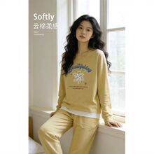 冬季加厚睡衣女新款爆款德绒保暖长袖长裤家居服套装（暖黄星星）