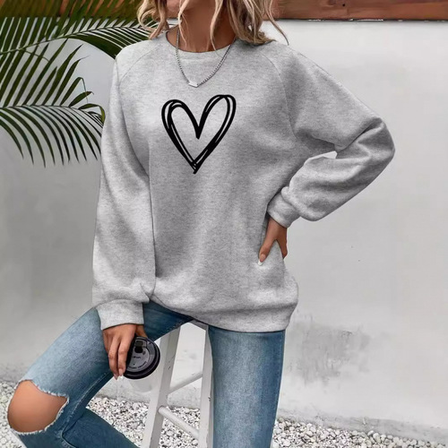 Women's Cozy Plush Crewneck Long-Sleeve Sweatshirt with Heart Print, a Hot Selling Item in Europe and America
