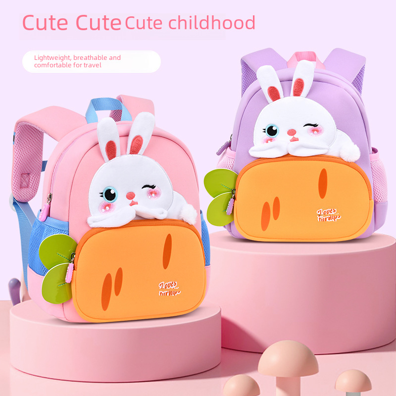Preschool girl's backpack, cute carrot rabbit double shoulder bag for children, breathable back support, large capacity children's backpack