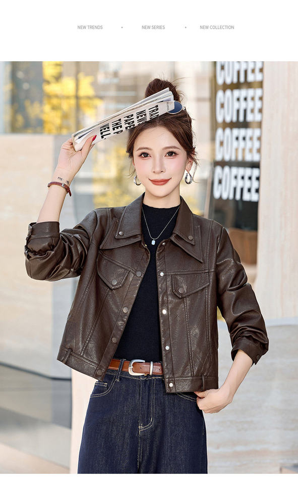 Áo khoác da dáng ngắn nữ phong cách biker, dài tay, cổ bẻ, form thông thường — Cà phê, Đen chi tiết 21