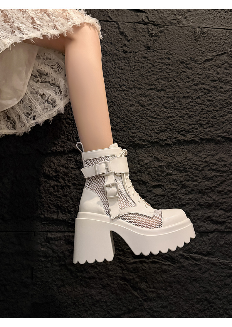 Boot nữ cao gót lưới xuyên thấu phong cách biker, gót thô 9 cm, thoáng khí — màu đen, màu trắng chi tiết 12