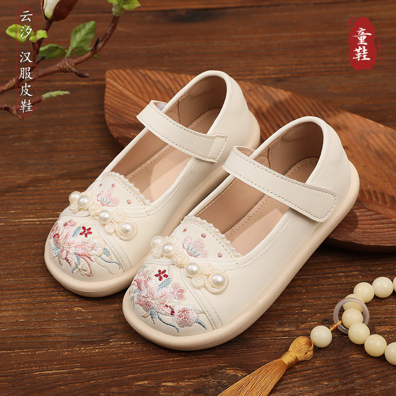 汉服鞋女童绣花鞋中国风绿色配马面裙鞋子珍珠古风老北京儿童布鞋