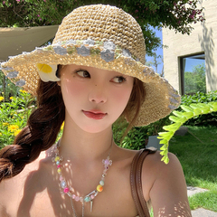 ミントのマンボの花の麦わら帽子の女性の夏の大きいつばの草は漁師の帽子を編みます。