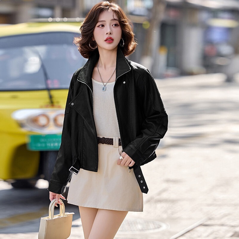 Brand New Spring Short Leather Jacket for Women, Motorcycle Style, Washed Sheepskin, Slim-Fit, Casual Trendy Top