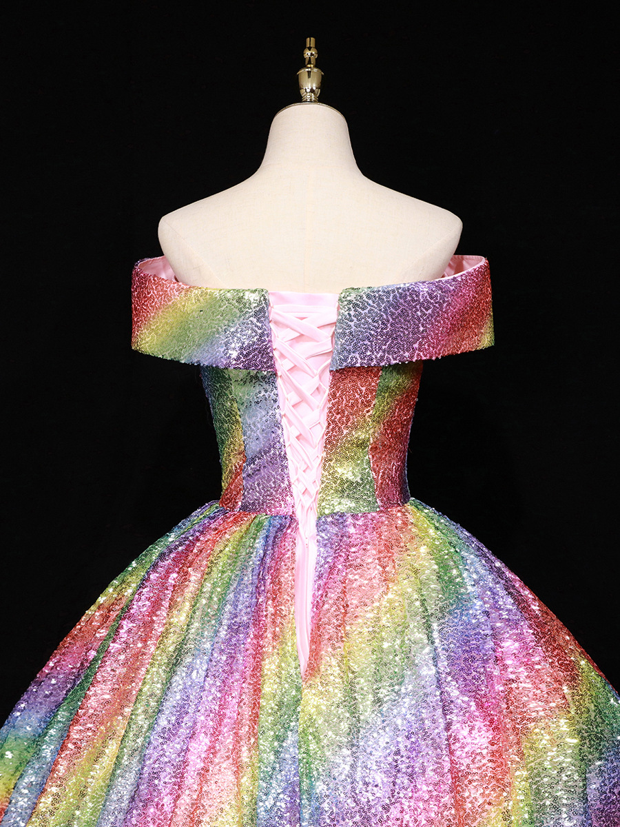 Damenbekleidung Braut verträumtes buntes Paillettenball-Performance-Kostüm mit einer Schulter Hochzeitskleid_voghion.com