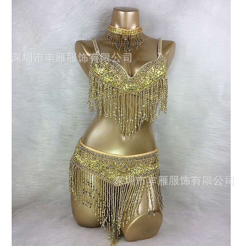 Handmade Sequin Belly Dance Oriental Dance Bra and Waist Belt Set Nightclub Stage Outfit European and American Performance Costume Stage Performance