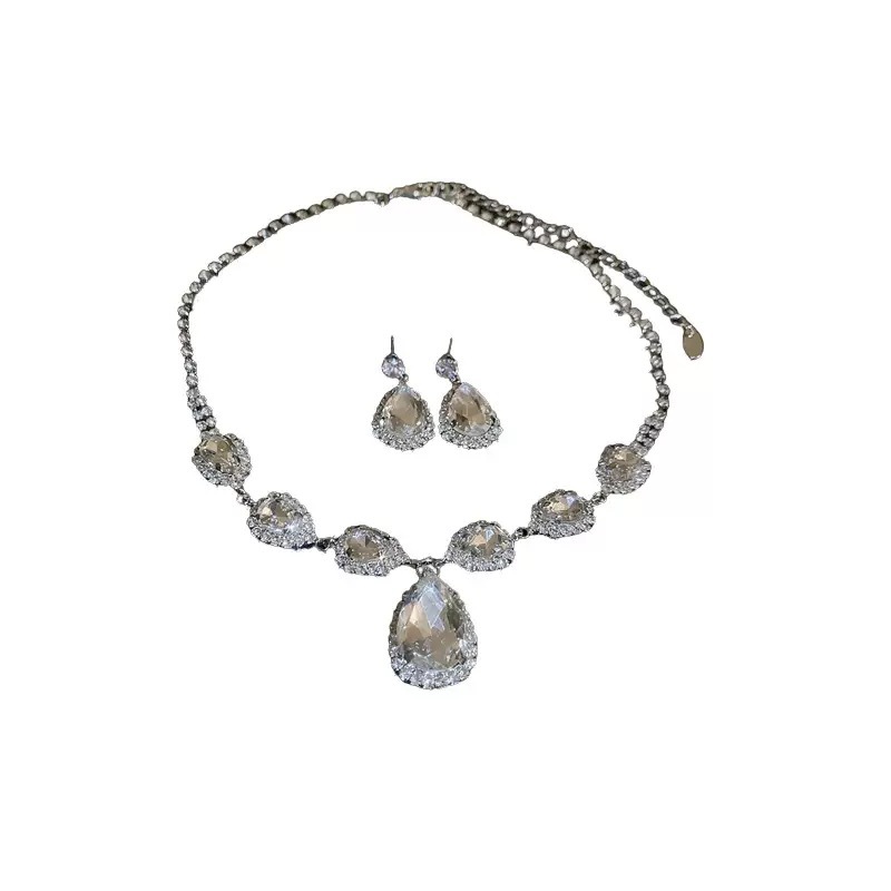 Bridal Necklace And Earring Set With Zircon Water Drop Diamonds_voghion.com