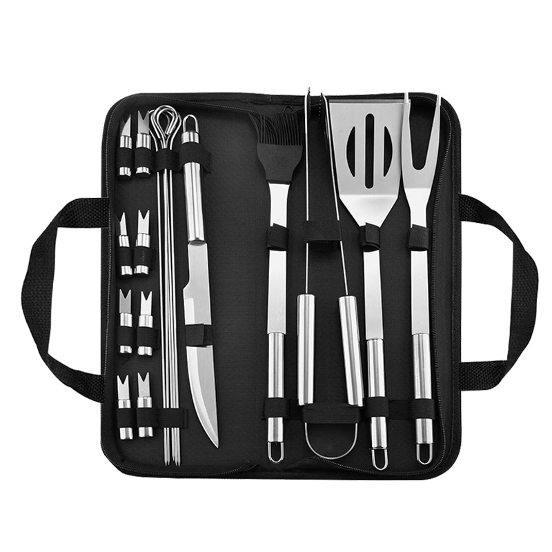 Spot Source Fabricante BBQ Juego de barbacoa de bolsa de tela Oxford Juego de abrazadera de pala de acero inoxidable Juego de asa de tubo redondo para hornear