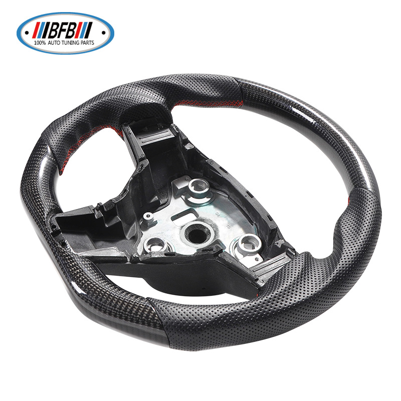 100% Real Carbon Fiber Glossy Black Perforated Steering Wheel Cover - For Tesla Model 3 Y - Red Leather Stitching Modification