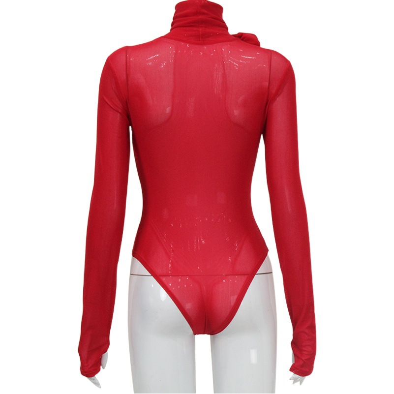 Wish venta caliente ropa de mujer europea y americana sexy cuello alto manga larga malla micro transparente decoración de flores delgado mono base