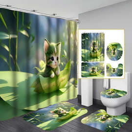 跨境亚马逊动物卡通浴帘四件套猫咪3D数码印花浴室窗帘隔断帘