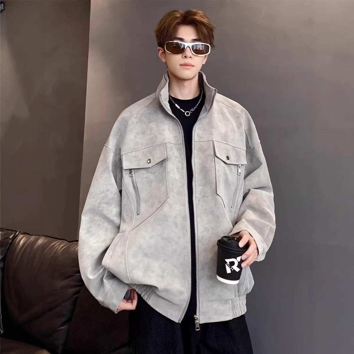 Flight Jacket, Men's Cool And Trendy Brand Stand Up Collar Workwear, PU Leather Jacket_voghion.com