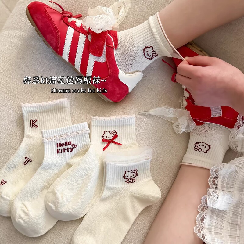 Girls' Socks Spring and Summer Thin Cute Cartoon Kt Cat Girls' Lace Princess Socks Mesh Breathable Kidsren's Socks