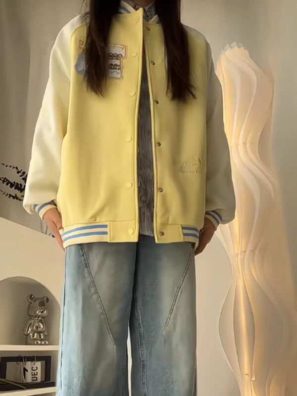 2025新款可爱卡通字母开衫短外套女春秋宽松高级感百搭夹克棒球服|undefined