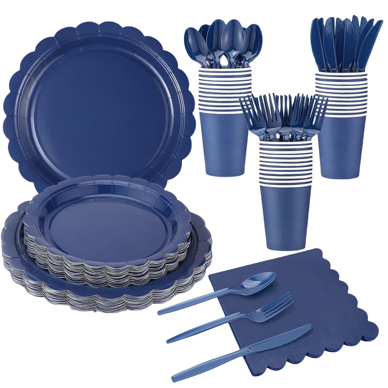 Navy Blue Pure Color Lace Paper Plate Kidsren's Birthday Arrangement Party Party Disposable Paper Plate Tissue Paper Cup Set