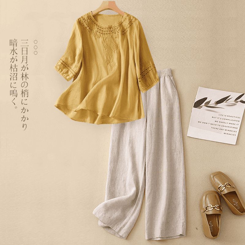 Ethnic Style New Chinese Short-Sleeved Fashion Suit Two-Piece Cotton and Linen Tops Literary Retro Casual Temperament Wide-Leg Pants