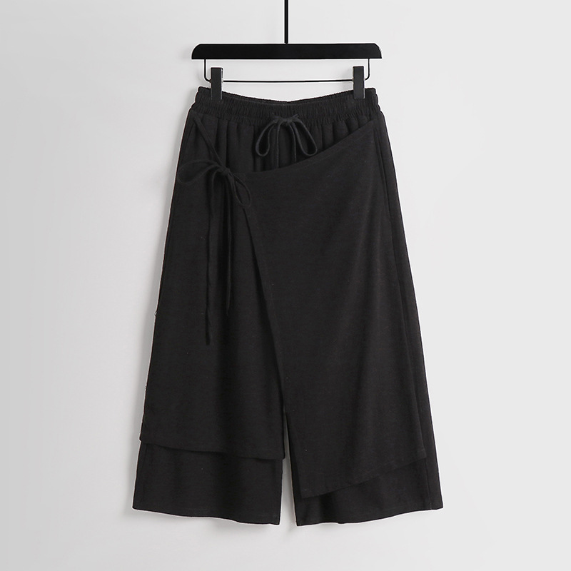 Summer Loose Linen Pants for Men, Faux Two-Piece Hanfu Casual Pants, Thin Breathable Cotton-Linen Wide-Leg Pants, Straight-Leg Cropped Pants