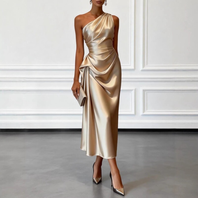 In-stock women's fashionable and elegant one-shoulder slim-fit dress with a stylish pleated waist design, slimming and long-length formal gown In-stock women's fashionable and elegant one-shoulder slim-fit dress with a stylish pleated waist design, slimming and long-length formal gown