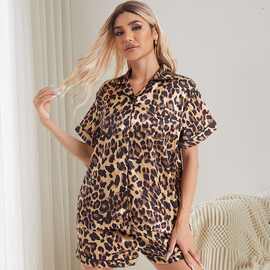 欧美外贸睡衣女居家服豹纹休闲套装春夏翻领大码短裤希音跨境货源