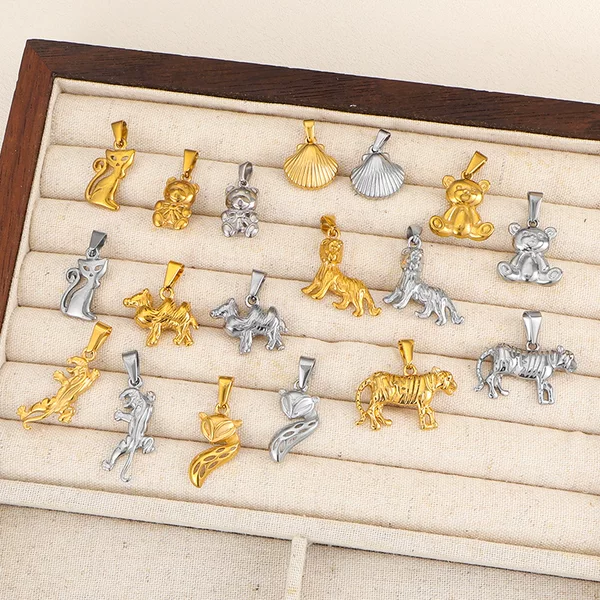 European and American Stainless Steel DIY Jewelry Accessories Plated with 24K Gold Tiger, Lion, Fox, Gecko Animal Pendants Cross-Border Wholesale