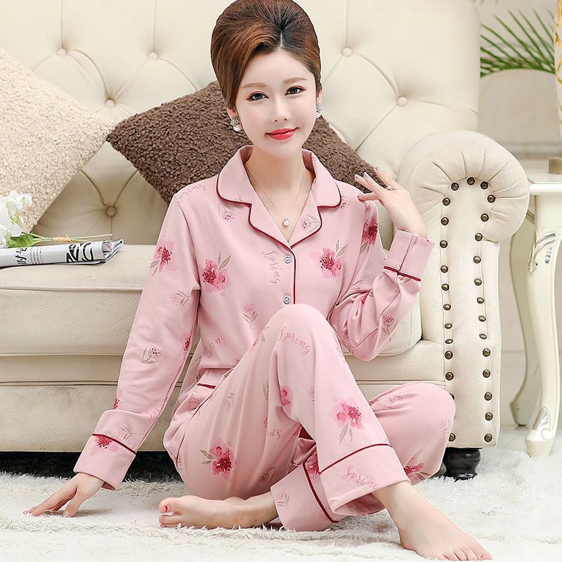 Mamá de mediana edad de manga larga pijamas de mujer 100% algodón de primavera y otoño de las mujeres mayores más el tamaño de otoño e invierno traje de desgaste para el hogar