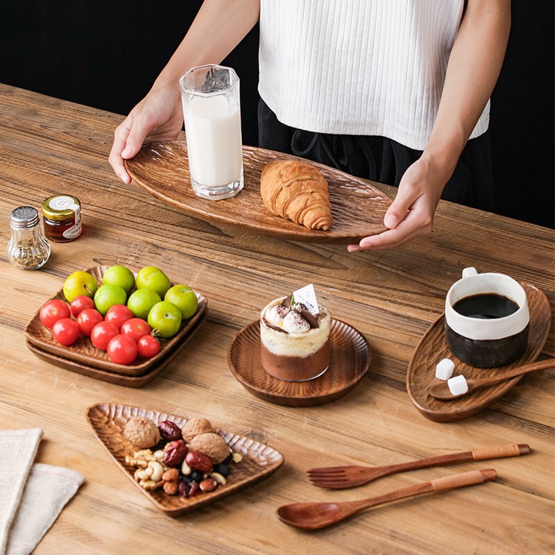 Walnut Hong Kong restaurant breakfast plate suit creative solid wood dessert plate hotel whole wood fruit plate coffee tray