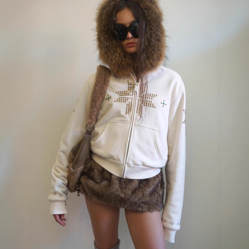 Foreign Trade Hot Girl Style Fur Collar Hot Diamond Retro Autumn and Winter Women's Zipper Hooded Jacket Waist Versatile Hooded Sweatshirt Wholesale