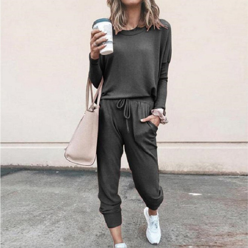 Pure color loose casual suit for women 2024 foreign trade spring and autumn new style round collar long-sleeved harem pants two-piece set