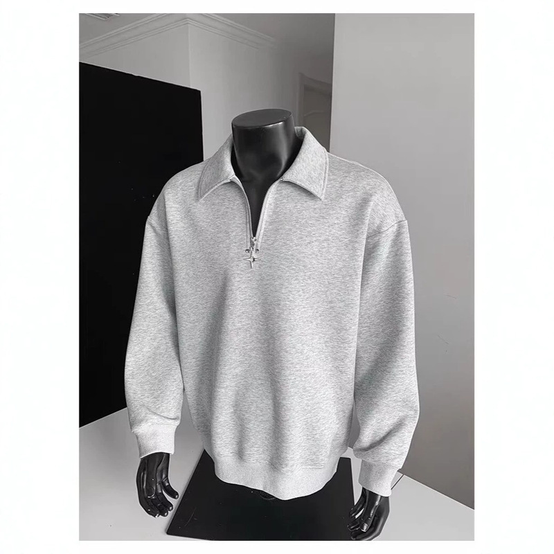Cross-border trendy men's solid color casual POLO shirt with turn-down collar, 2026 spring loose-fitting versatile half-zip top Cross-border trendy men's solid color casual POLO shirt with turn-down collar, 2026 spring loose-fitting versatile half-zip top
