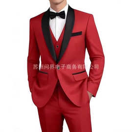 亚马逊外贸男士三件套修身西服套装单扣翻领帅气婚礼派对礼服西服