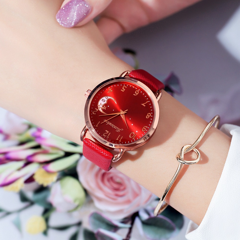 Orologio da studente in oro rosa con cinturino minimalista da donna con motivo stella lunare, nuovo prodotto caldo e alla moda 2024_voghion.com