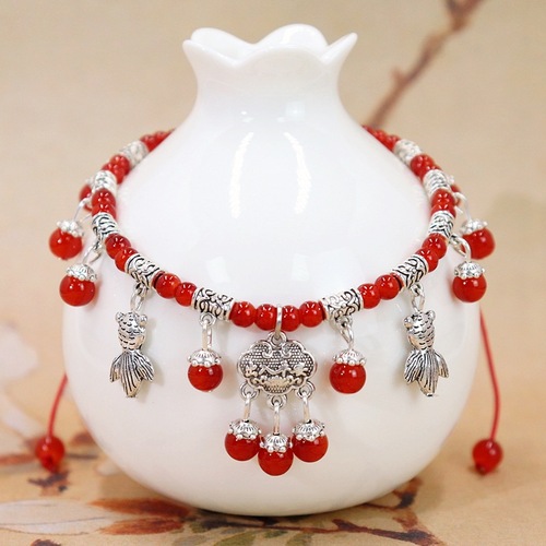 New Women's Summer Red Cord Natural Red Agate Ankle Chain Retro Peace Lock Tassel Bell Ankle Chain Accessory for Zodiac Year