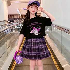 女童休闲学院风短袖T恤半身裙两件套夏季新款时尚卡通夏天套装裙