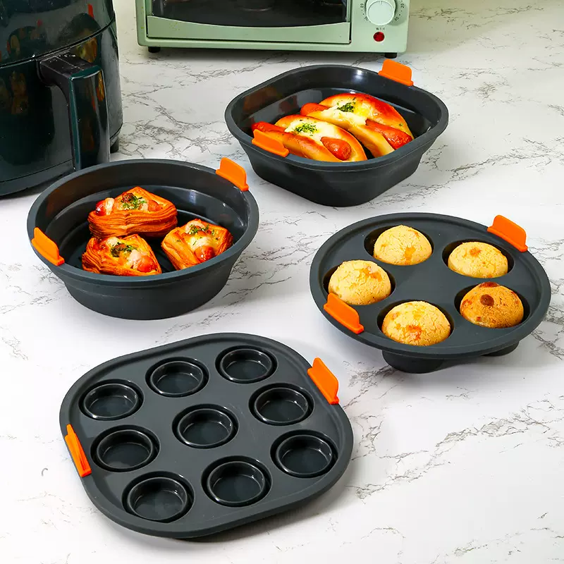 新款家用烤箱耐高温不粘空气炸锅硅胶双色手柄折叠烤盘蛋糕模套装