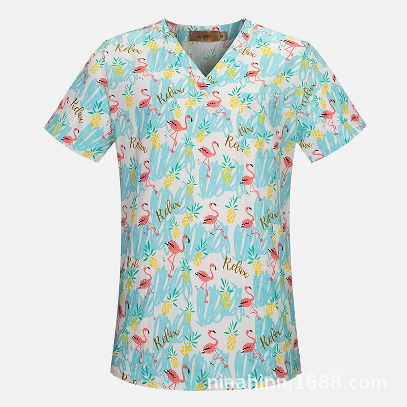 国境を越えたアマゾンの爆発的なアニメプリント看護師服女性vネック半袖tシャツ上着手術服作業服男性|undefined