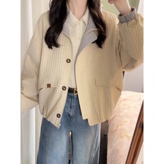 早秋日系短款夹克外套女款秋2025新款小个子休闲立领格纹撞色上衣