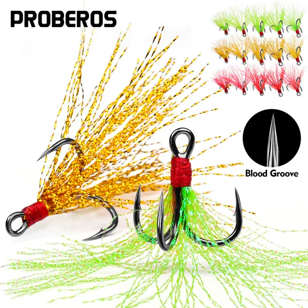 Three Hooks with Feather Blood Groove Hooks, High Carbon Steel with Feather Barbed Three-Anchor Fish Hooks, Aojiin Hooks, Three-Tone Hooks in Bulk