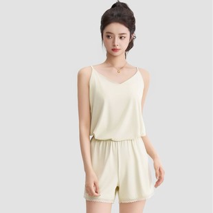 2025 Cool V Neck Suspender Suit Lace Loose Safety Pants for Home and Outdoor Wear Ice Silk Seamless Leggings