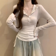 港式气质抽绳褶皱收腰翻领长袖t恤女小众设计感连帽纽扣甜辣上衣