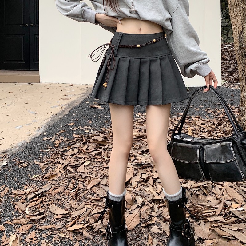 设计感复古咖色皮裙女夏季美式辣妹纯欲高腰显瘦a字百褶半身短裙|undefined