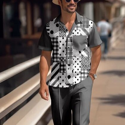 Amazon independent site foreign trade new casual versatile trendy men's short-sleeve long-pants shirt set Amazon independent site foreign trade new casual versatile trendy men's short-sleeve long-pants shirt set
