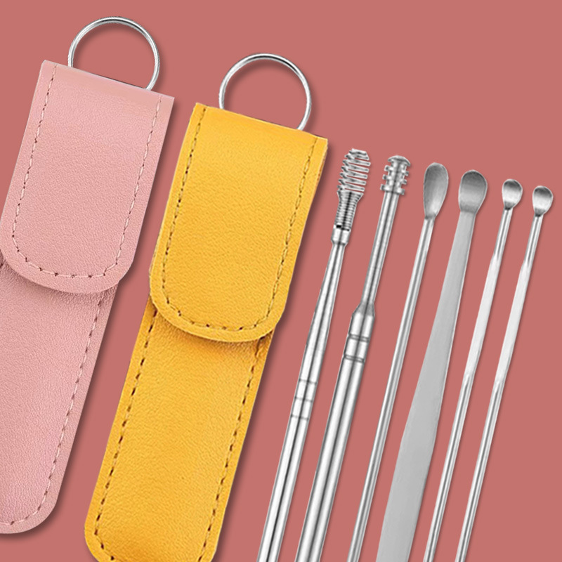 Spiral Spring 6-Piece Ear Cleaner Set, Ear Cleaning Tool, Ear Scoop, Ear Cleaning Tool with Leather Case, 6-Piece Set
