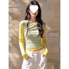 拼色假两件正肩长袖恤春秋修身内搭打底衫短款上衣女设计感小众