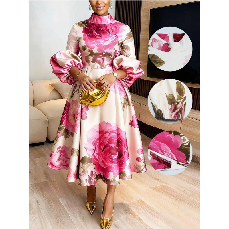 2026 European and American Cross-Border Amazon Independent Site Hot-Selling Elegant Lantern Sleeve Waist-Cinching Printed Women's Dress 2026 European and American Cross-Border Amazon Independent Site Hot-Selling Elegant Lantern Sleeve Waist-Cinching Printed Women's Dress
