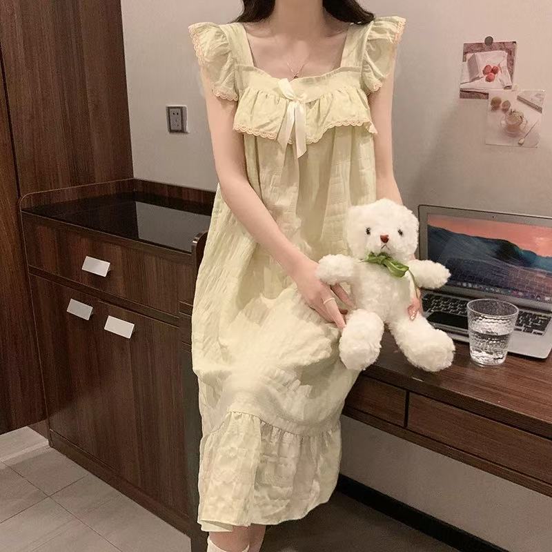 Pijama con cojín de pecho 2026 primavera y verano nuevo vestido largo de encaje coreano lindo ropa de casa pijamas de niña