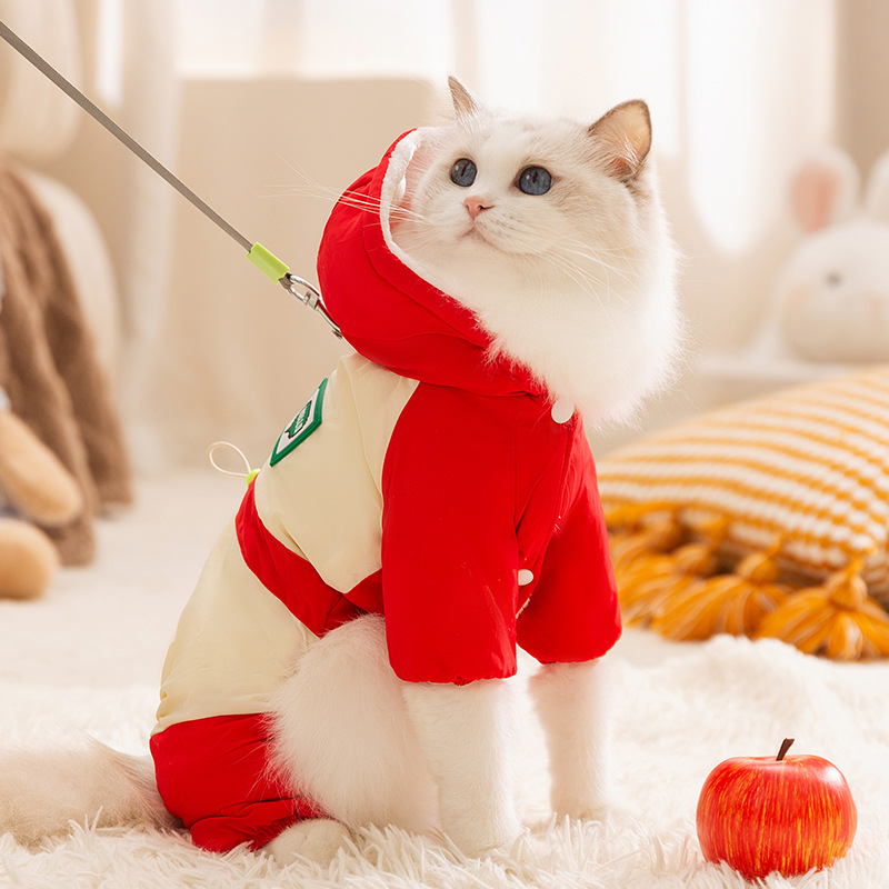 Gatos otoño y invierno caliente y grueso color contrastante empalme cuerda de dibujo de cuatro patas carga ropa de algodón perro Teddy ropa de mascota gato