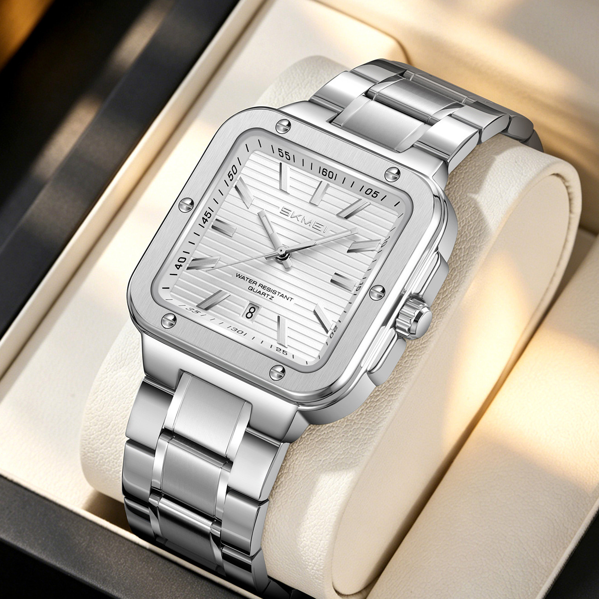 Momento de acero inoxidable cuadrado relojes de cuarzo calendario impermeable para hombres relojes de negocios comercio exterior personalizado spot transfronterizo