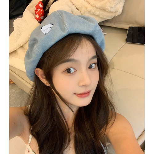 Women's Spring and Autumn Style Denim Beret Hat, Large Crown for a Charming Face, Simple Face Painter Hat, Retro and Versatile Summer Octagonal Hat