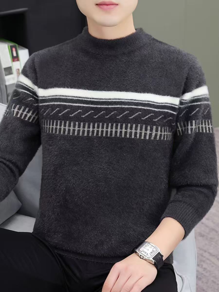 YINGAO retro engrosado jacquard suéter de lana hombre manga larga invierno cálido todo el suéter de lana a rayas de hombre